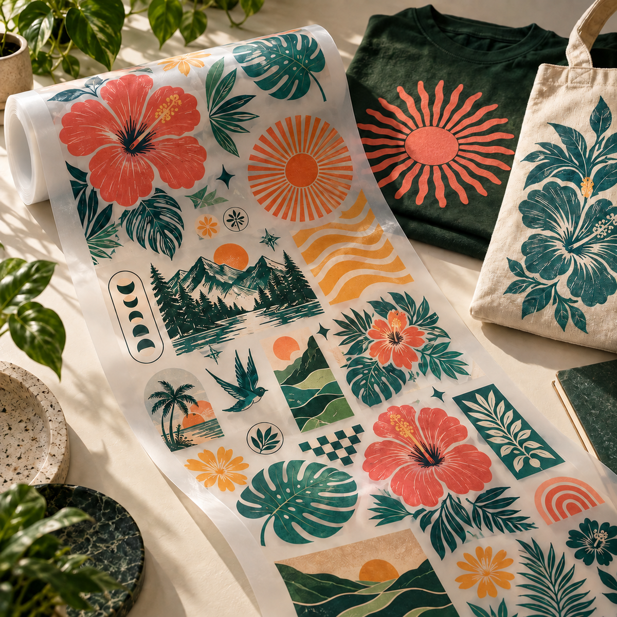 A rolling DTF gang sheet filled with colorful artwork beside a printed T-shirt and tote bag