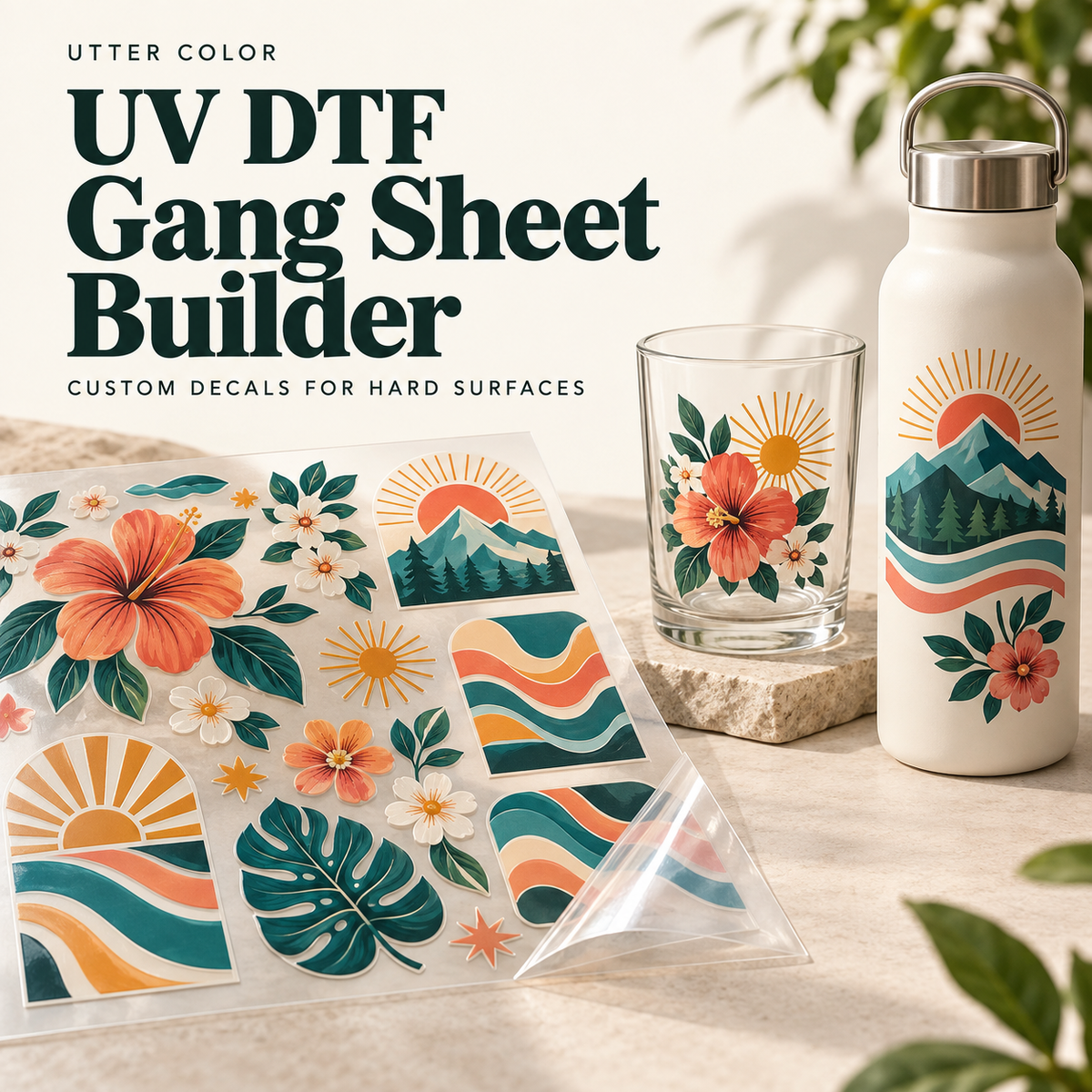 Utter Color UV DTF gang sheet with colorful decals and matching designs applied to a glass and reusable bottle.